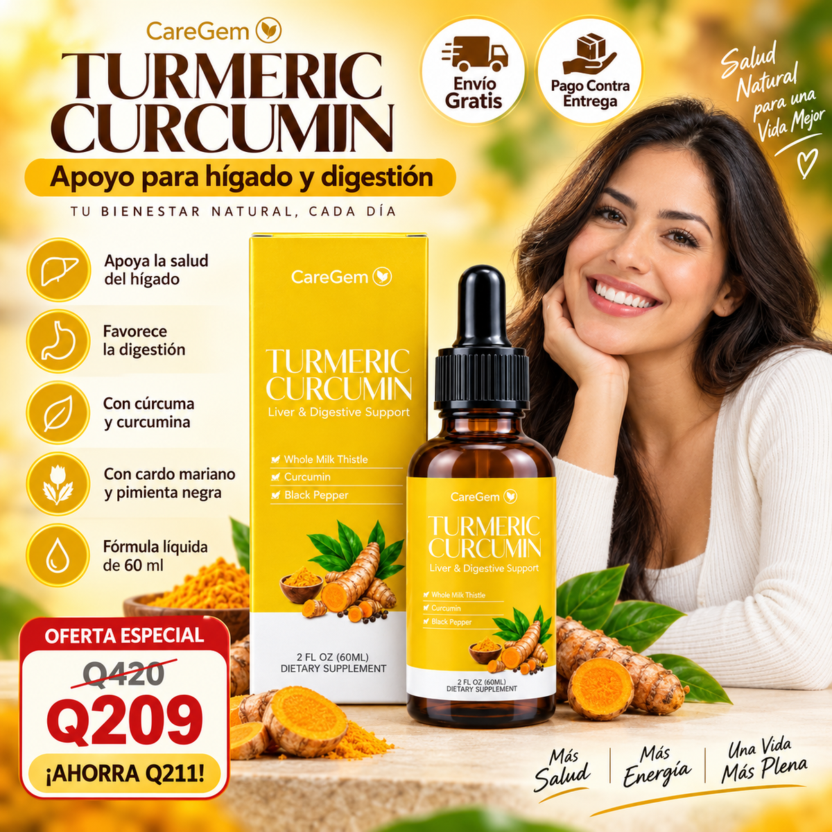 CareGem Turmeric Curcumin 60ml – Fórmula Natural de Cúrcuma, Curcumina y Pimienta Negra