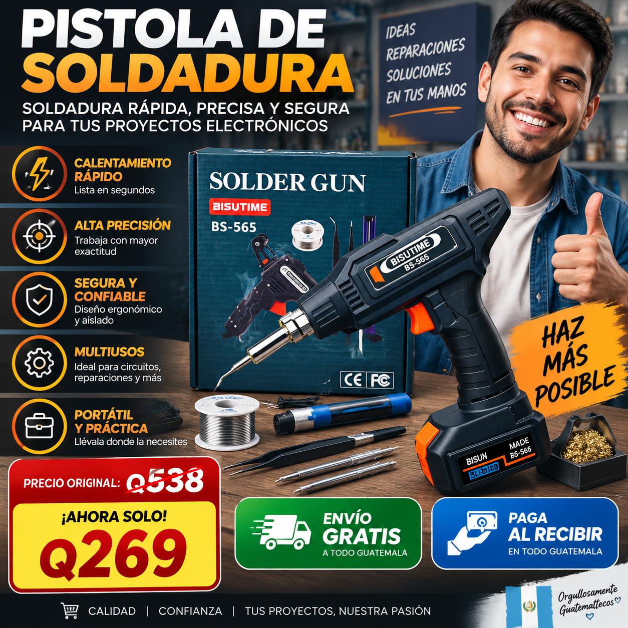 Pistola de Soldadura Eléctrica Profesional BS-565 para Reparación de Circuitos Electrónicos