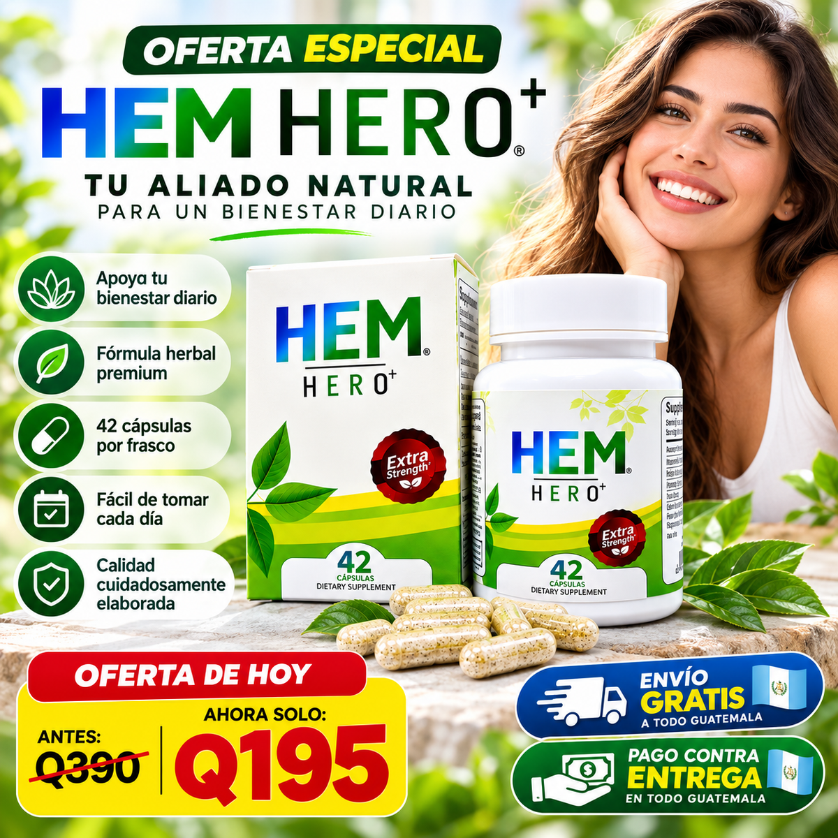 HEM HERO+ Extra Strength | Suplemento Herbal Premium de 42 Cápsulas para el Bienestar Diario