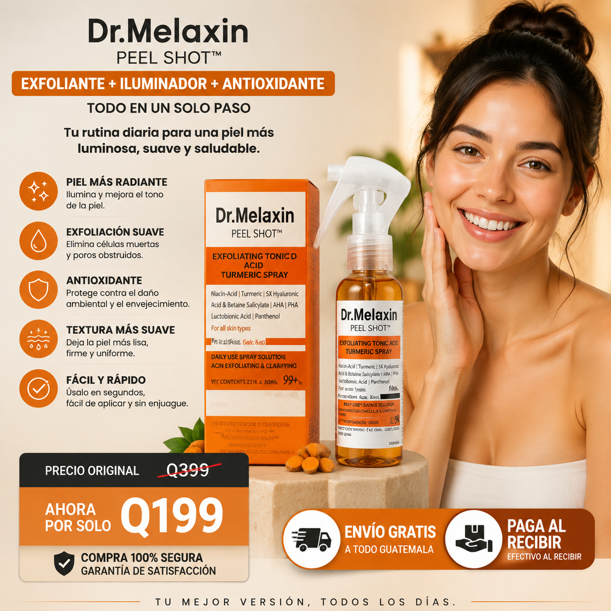 Dr. Melaxin Peel Shot – Spray Exfoliante con Ácido Kójico y Cúrcuma para una Piel Radiante